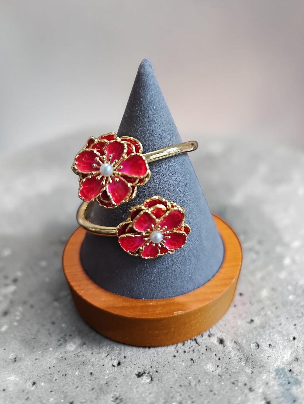 Piper K Nwt Gold-Tone Red Enamel Flower Open Bypass Braclet  with Pearl Centers